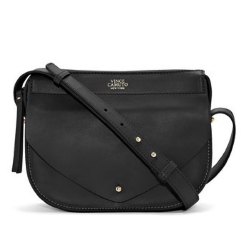 Vince Camuto Black Leather Crossbody Bag Gold Accent Minimalist Shoulder Purse